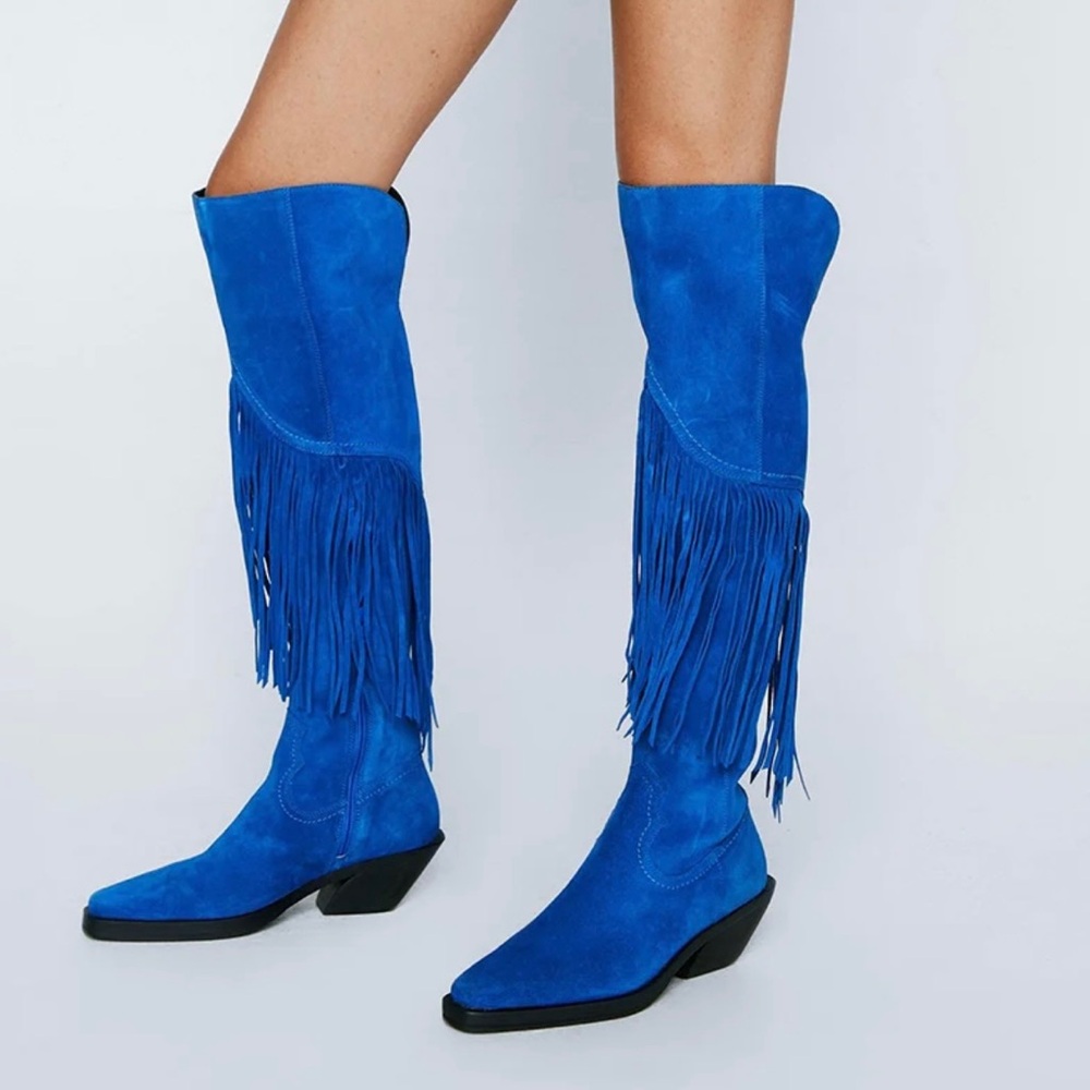 Nasty Gal Electric Blue Suede Over-the-Knee Fringe Boots - Picture 2 of 7